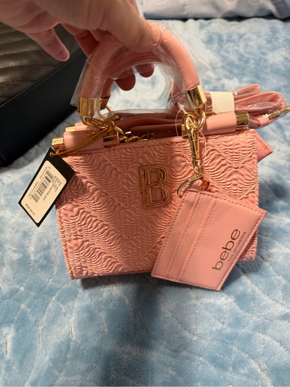 bebe Pink Textured Mini Crossbody Tote with Gold Hardware